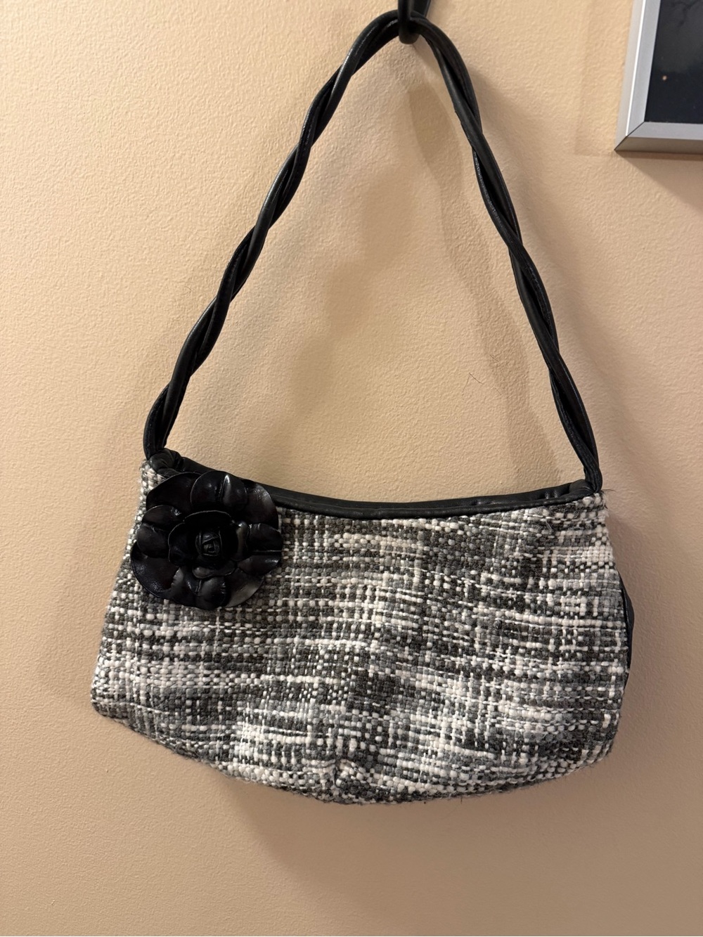 Paolo Masi Tweed and leather bag with leather flower and braided strap